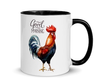 Guten Morgen Hahn Tasse mit schwarzen Akzenten~Aquarell Hahn Kaffeetasse~Bauernhaus Morgen~Chicken Lady Geschenke