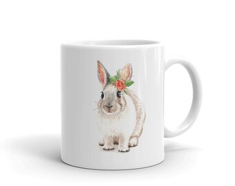 Christmas Bunny Rabbit Ceramic Mug~Watercolor Pets Coffee or Tea Cup~Holiday Rabbit Gifts~Pet Drinkware