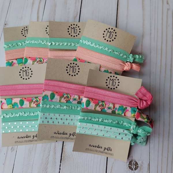 Coral and Aqua Cactus Hair Ties~Pretty Succulent Elastic Band~Botanical Party Favor~Colorful Festival Band~Cactus Gifts