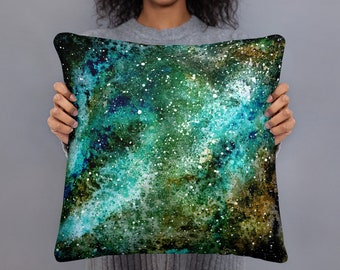 Teal Galaxy Throw Pillow~Hand Painted Watercolor Space Accent Pillow~Cosmic Home Decor~Kids Room and Nursery Color Pops