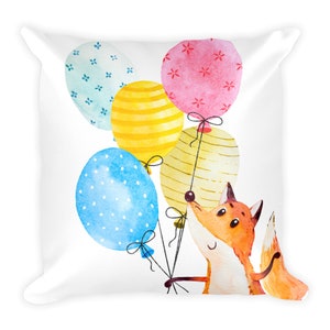 Fox and Balloon Accent PIllowHappy Colorful Kids Room DecorWatercolor Animals Throw Pillow zdjęcie 1