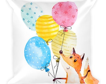 Fox and Balloon Accent PIllow~Happy Colorful Kids Room Decor~Watercolor Animals Throw Pillow