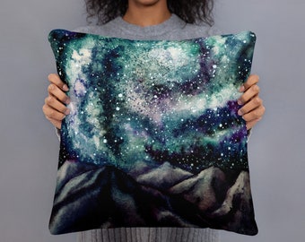 Night Sky with Mountains Under a Teal Galaxy Pillow~Blue Galaxy Nebula Space Decorative Throw~Kids Room Nursery Dorm Room Decor