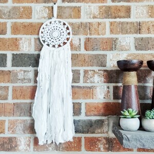 Shabby White Wall Hoop~Farmhouse Chic Fiber Decor~Hand Crochet Dream Catcher~Upcycled Vintage Fiber Art~Dorm Room Dreamcatcher~Bright White