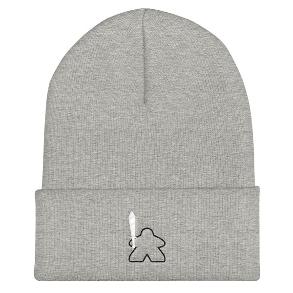 Tiny Epic Meeple with Sword Embroidered Cuffed Beanie in Heather Grey~Board Gamer Gear Winter Cap
