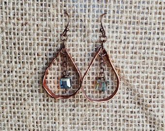 Hammered Copper and Crystal Bead Teardrop Earrings~Copper Jewelry~Bridesmaid Gift~Gift for Sister