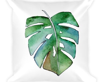 Sketchy Tropical Leaf Square Accent Pillow~Tropical Home Decor~Leafy Throw Pillow~Watercolor Beach Decor