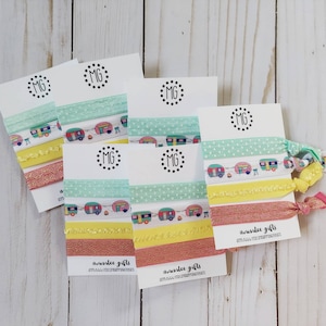 Happy Camper Hair Ties~Coral and Aqua Festival Bracelet~Colorful Hairbands~Camper Themed Festival Bands~Elastic No Metal Bands