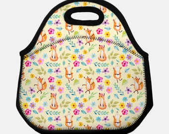 Yellow Fox and Floral Lunch Tote~Soft Sided Lunch Bag for Kids~Personalized Lunch Pouch~Back to School Lunch Boxes~Pretty Floral Gifts