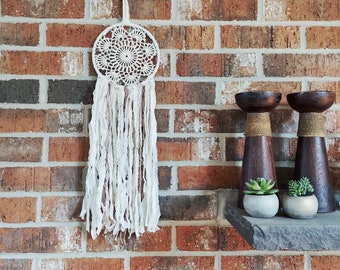 Shabby Wall Hoop~Farmhouse Chic Fiber Decor~Hand Crochet Dream Catcher~Upcycled Vintage Fiber Art~Dorm Room Dreamcatcher~White Beige Pink