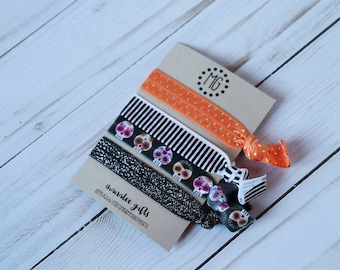 Orange Day of the Dead Skull Hairbands~Sugar Skull Elastic Bracelets~Halloween No Metal Hair Ties