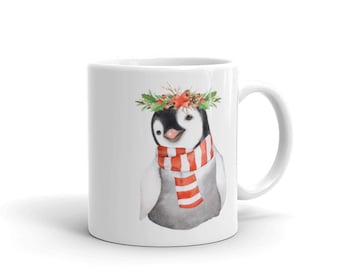 Christmas Penguin Ceramic Mug~Watercolor Animals Coffee and Tea Mugs~Penguin Lover Gift