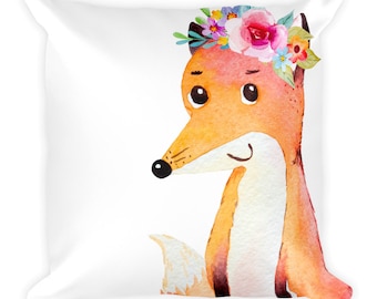 Floral Fox Pillow~Fox with Blue Floral Backside~Bohemian Watercolor Woodland Animal Kids Room and Nursery Decor~Gift for Dorm Room