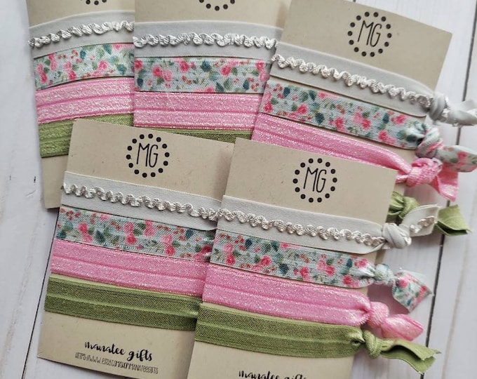 Vintage Floral No Metal Hair Ties~Pretty Pink and Green Floral Elastic Bracelet~Valentines Gift~Party Favor~Pretty Flower Bracelets