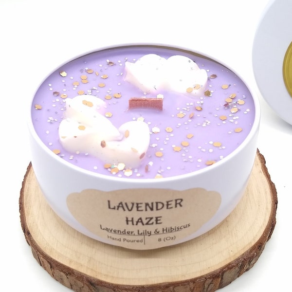 Lavender Haze Relaxation Essential Oil Soy Candle, Lily & Hibiscus Sparkle Wood Wick Candle, Odor Eliminate,  Aromatherapy Gift for Her