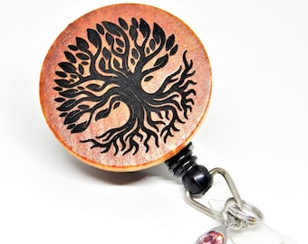 Personalized Wood Badge Reel: Rooted Tree Engraved Retractable ID Badge