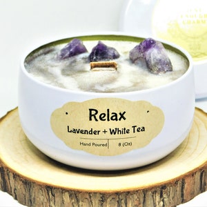 Lavender + White Tea Relaxation Amethyst Crystal Essential Oil Candle, Soy Candle, Wood Wick Candle, Odor Eliminate, Aromatherapy Health Aid