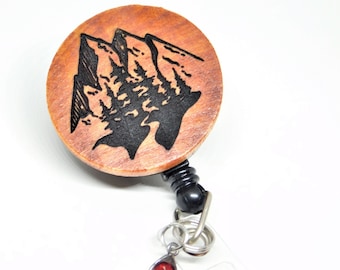 Mountain View Wood Badge Reel: Laser Engraved Forest Design