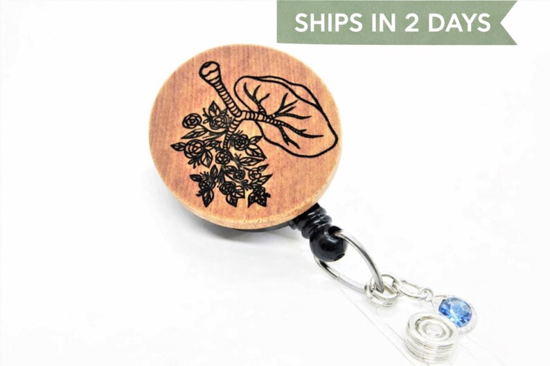 Anatomical Lung and Flower Wooden Badge Reel, Pulmonologist Doctor Gift image 1