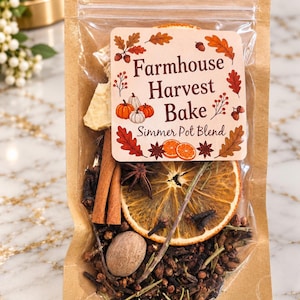 May include: A clear plastic pouch with a kraft paper backing containing a Farmhouse Harvest Bake Simmer Pot Blend. The label features autumn leaves, pumpkins, and orange slices. Inside are dried orange slices, cinnamon sticks, star anise, cloves, and nutmeg.