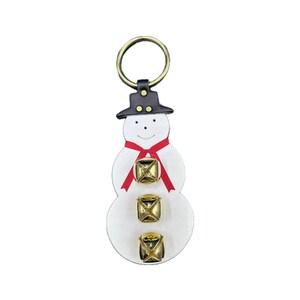Amish Handmade Snowman Door Hanger, White Leather, Brass Sleigh Bells, Winter Holiday Decor