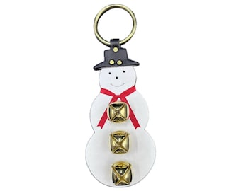 Amish Handmade Snowman Door Hanger, White Leather, Brass Sleigh Bells, Winter Holiday Decor