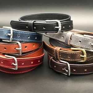 1&quot; Plain Genuine Leather Dress Belt & Buckle - Stitched - Amish Handmade in USA - Casual Simple Western Cowboy Strap for Jeans Thin Skinny
