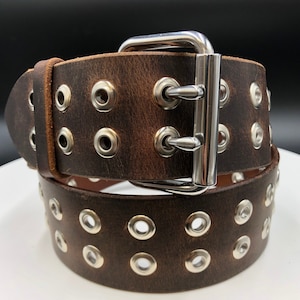 1.5&quot; Buffalo Leather Grommet Belt Double Hole 12oz - Silver Buckle and Grommets - Amish Handmade in Lancaster PA
