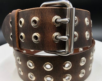 1.5" Buffalo Leather Grommet Belt Double Hole 12oz - Silver Buckle and Grommets - Amish Handmade in Lancaster PA