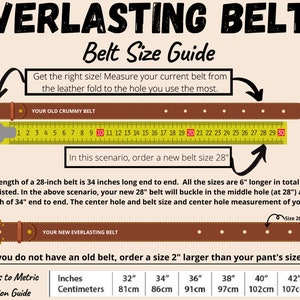 Peut inclure: Un guide pour mesurer les tailles de ceinture, avec des illustrations d'une ceinture en cuir marron et d'un ruban &agrave; mesurer. Le guide explique comment mesurer votre ceinture actuelle et comment d&eacute;terminer la taille correcte pour une nouvelle ceinture. Il comprend &eacute;galement un tableau de conversion des pouces am&eacute;ricains en centim&egrave;tres.
