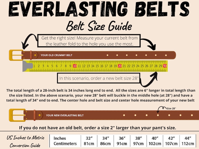 Peut inclure: Un guide pour mesurer les tailles de ceinture, avec des illustrations d'une ceinture en cuir marron et d'un ruban &agrave; mesurer. Le guide explique comment mesurer votre ceinture actuelle et comment d&eacute;terminer la taille correcte pour une nouvelle ceinture. Il comprend &eacute;galement un tableau de conversion des pouces am&eacute;ricains en centim&egrave;tres.