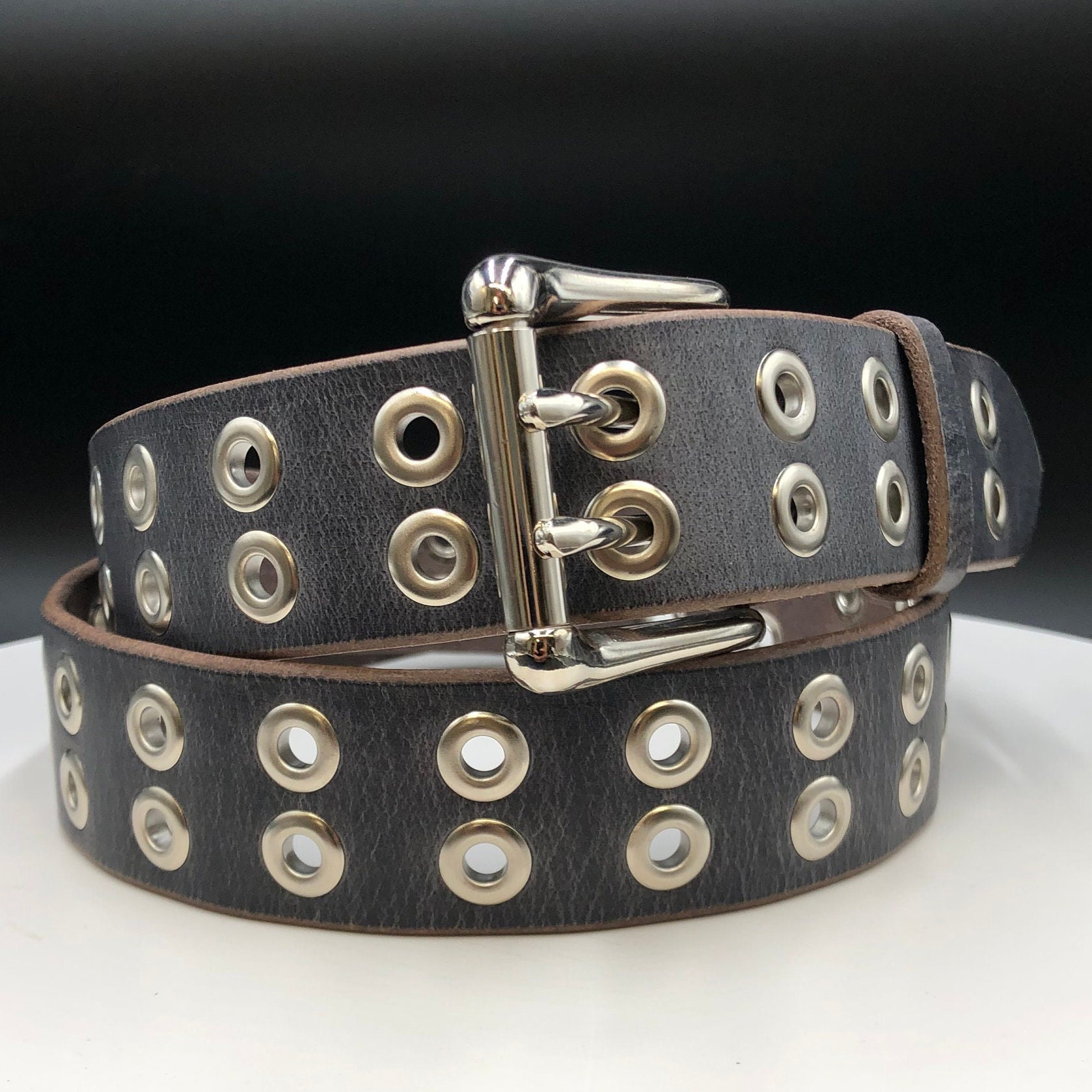 Buffalo Leather Grommet Belt: Amish Handmade Double Hole  display picture 2