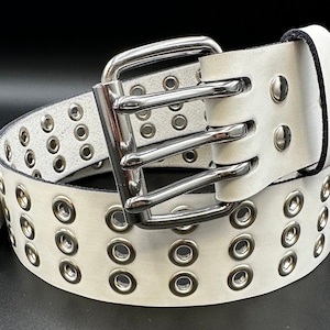 2&quot; Buffalo Leather Triple Grommet Belt Double Hole 12oz - Silver Buckle and Grommets - Amish Handmade in Lancaster PA - Three rows of holes