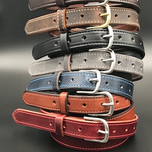 1-1/4&quot; Plain Genuine Leather Dress Belt & Buckle - Stitched - Amish Handmade in USA - Casual Western Cowboy Strap for Jeans Thin Skinny