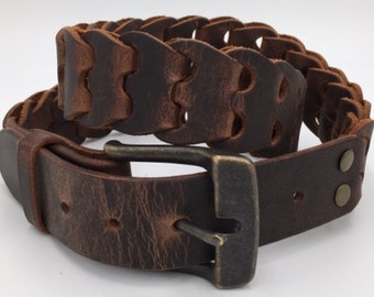 1.5" Adjustable Genuine Bridle Leather Belt - Western Link Handmade design - Solid Brass Removeable Buckle