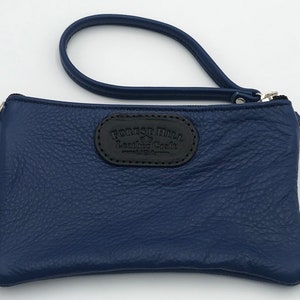 Women&#39;s Small Blue Leather Clutch Purse Handbag and Crossbody Strap Amish Handmade