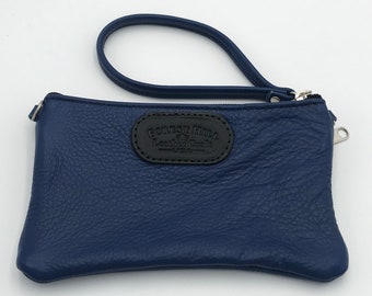 Women's Small Blue Leather Clutch Purse Handbag and Crossbody Strap Amish Handmade