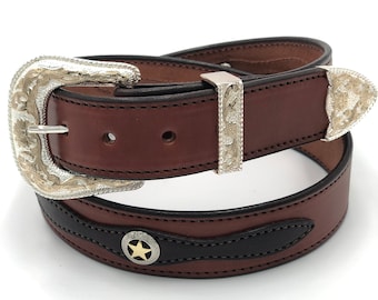 Amish Made Bridle Leather Belt: Two-Tone Western Belt with Texas Star