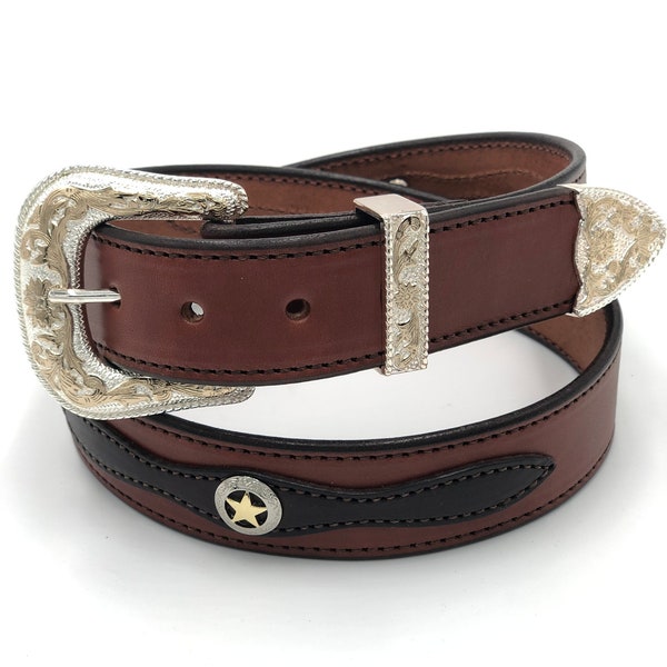 Western Genuine Bridle Leather Belt & Buckle - Removable Buckle - Amish Made in USA - Two Tone - Texas Star