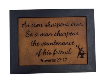 Engraved Leather Proverbs 27:17 Sign - Wooden Frame