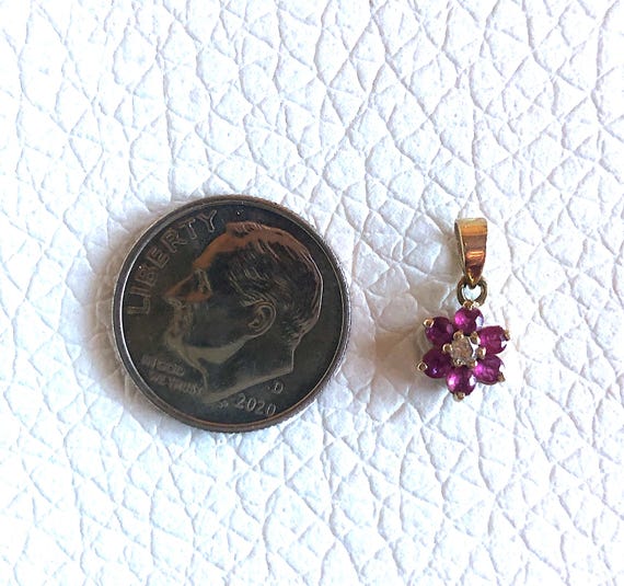 14K solid Yellow Gold Ruby Diamond Flower Pendant… - image 10