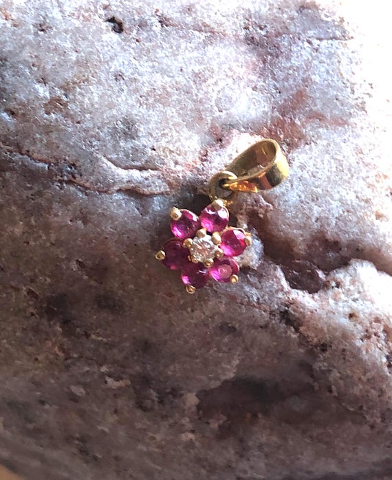 14K solid Yellow Gold Ruby Diamond Flower Pendant… - image 13