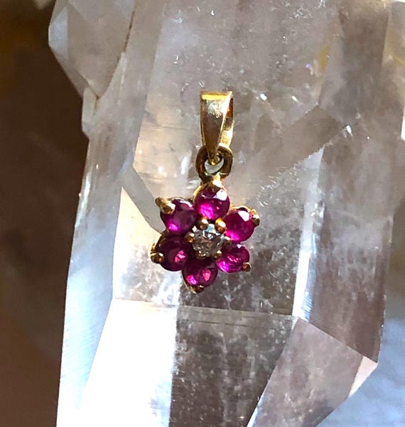 14K solid Yellow Gold Ruby Diamond Flower Pendant… - image 4