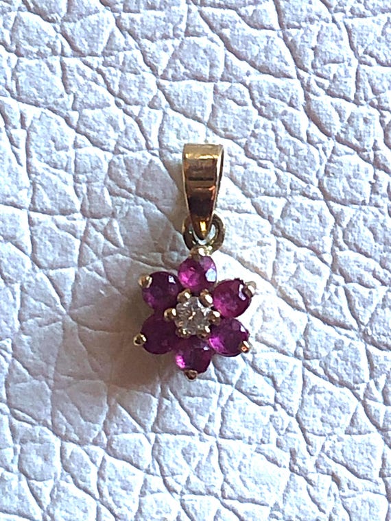 14K solid Yellow Gold Ruby Diamond Flower Pendant… - image 15
