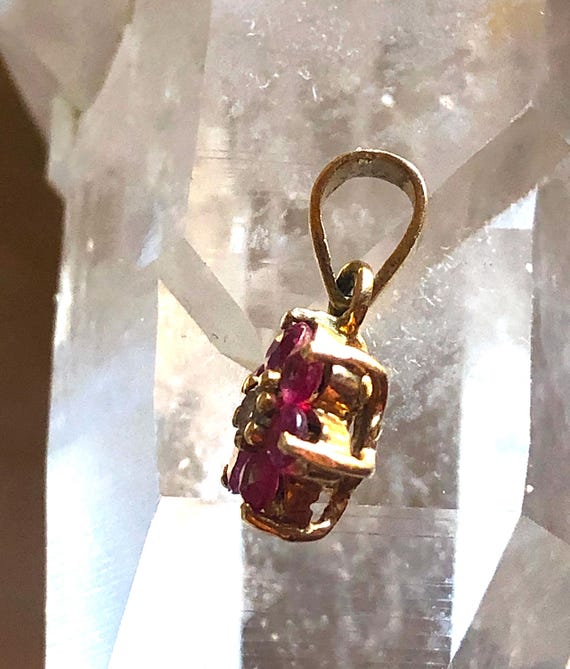 14K solid Yellow Gold Ruby Diamond Flower Pendant… - image 5