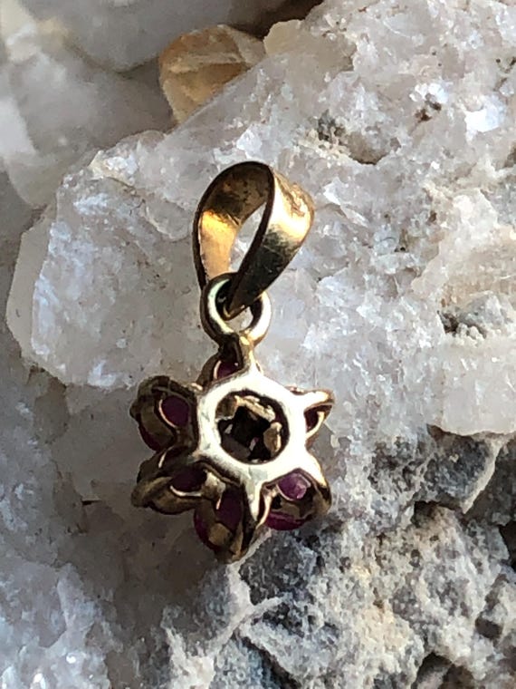 14K solid Yellow Gold Ruby Diamond Flower Pendant… - image 18