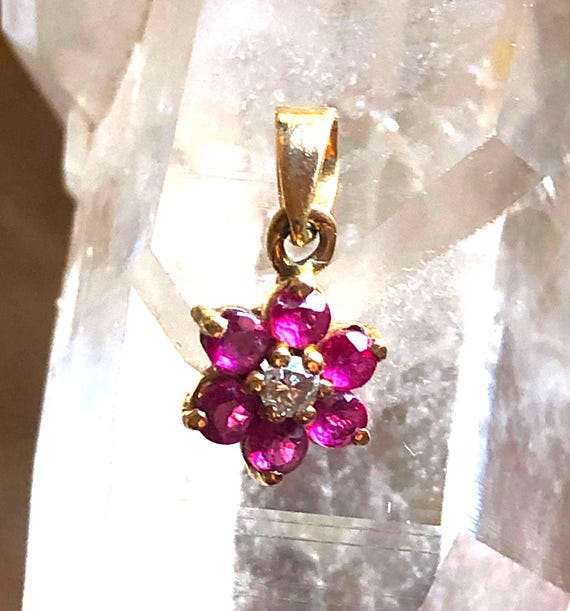14K solid Yellow Gold Ruby Diamond Flower Pendant… - image 1