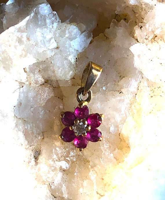 14K solid Yellow Gold Ruby Diamond Flower Pendant… - image 16