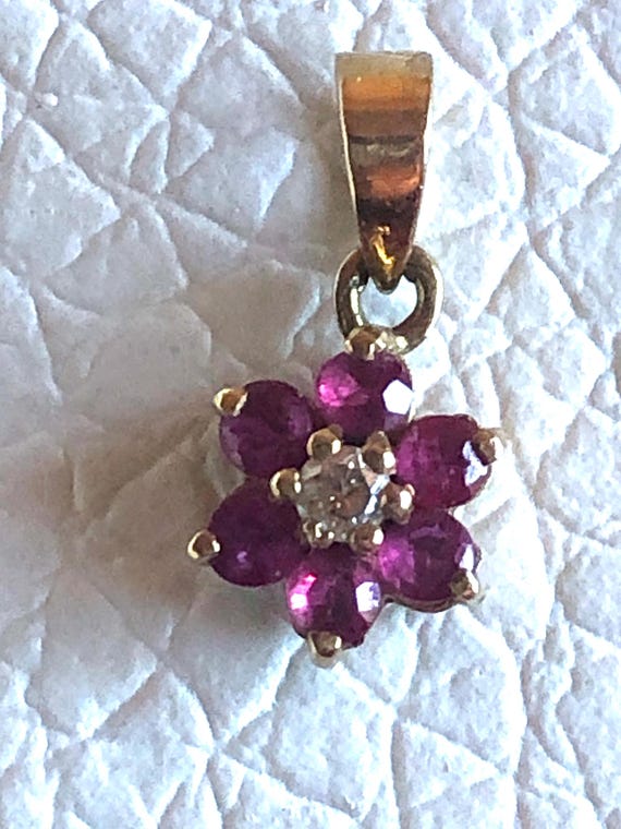 14K solid Yellow Gold Ruby Diamond Flower Pendant… - image 11
