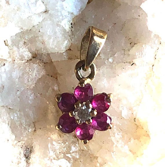 14K solid Yellow Gold Ruby Diamond Flower Pendant… - image 2